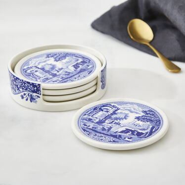 Blue Italian Ceramic Coasters with Holder